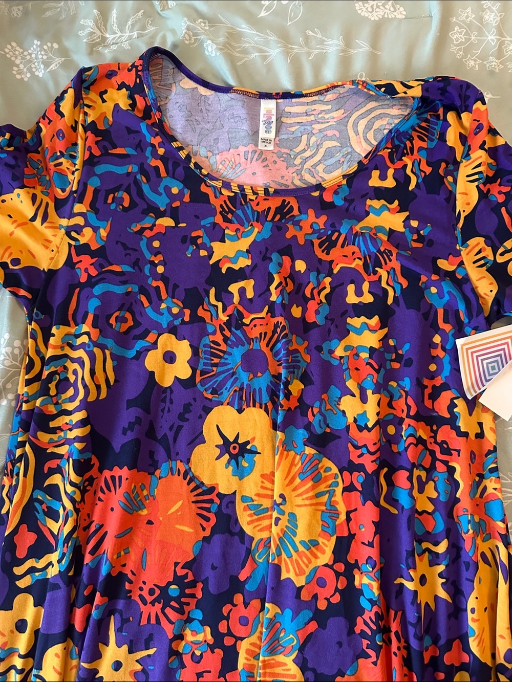 LuLaRoe Multicolor Floral Scoop Neck Tunic — Purple, Yellow, Orange